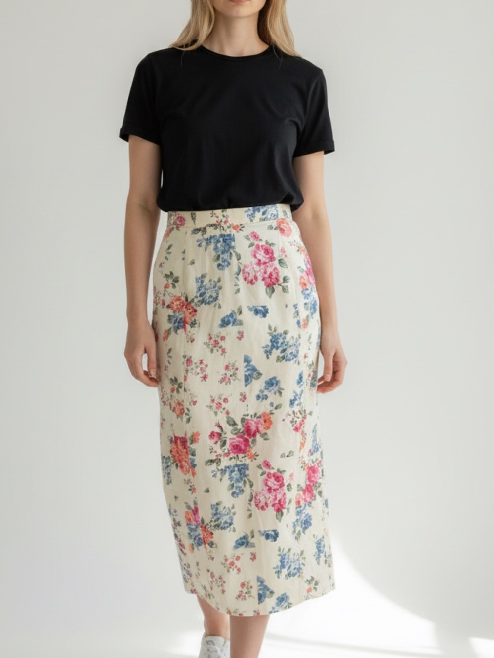 Trixxi Cream Floral Midi Pencil Skirt with Pink & Blue Blooms
